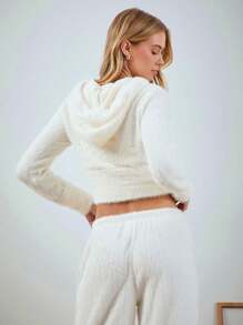 SHEIN EZwear 白色连帽紧身运动衫，简约时尚休闲，适合日常穿着 - 米色 - 查看 2