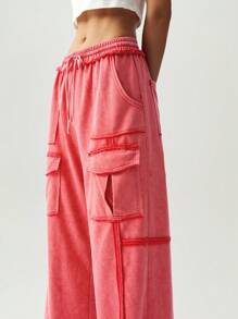 Bohemela 1 pieza Pantalones anchos de punto de unicolor con bolsillos 3D para mujer, ideal para vacaciones