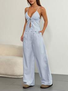 SHEIN Unity Bộ đồ thường ngày 2 món áo hai dây buộc viền sọc phía trước dành cho nữ và quần - Màu xanh bụi bặm - Xem 5