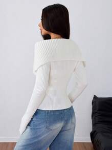 Flirla Femmes Pull côtelé à col à revers et ourlet plissé, couleur unie, manches longues. Tricot d'automne/hiver - Blanc - Voir 2