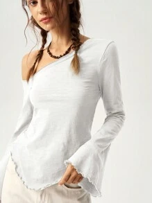 Bohemela Vacation Casual Solid Color Asymmetrical Neck Bell Sleeve T-Shirt
