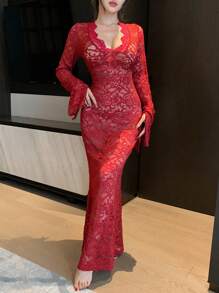 蕾丝透视修身长款性感睡袍红色女士睡裙 - 酒紅色 - 查看 7