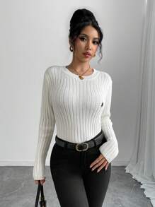 SHEIN Unity Women's Elegant Embroidered Striped Knit Pullover Sweater Knit Pullover Fall Winter - White - View 5