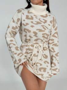 Flirla Casual Versatile Leopard Print Turtleneck Sweater Dress