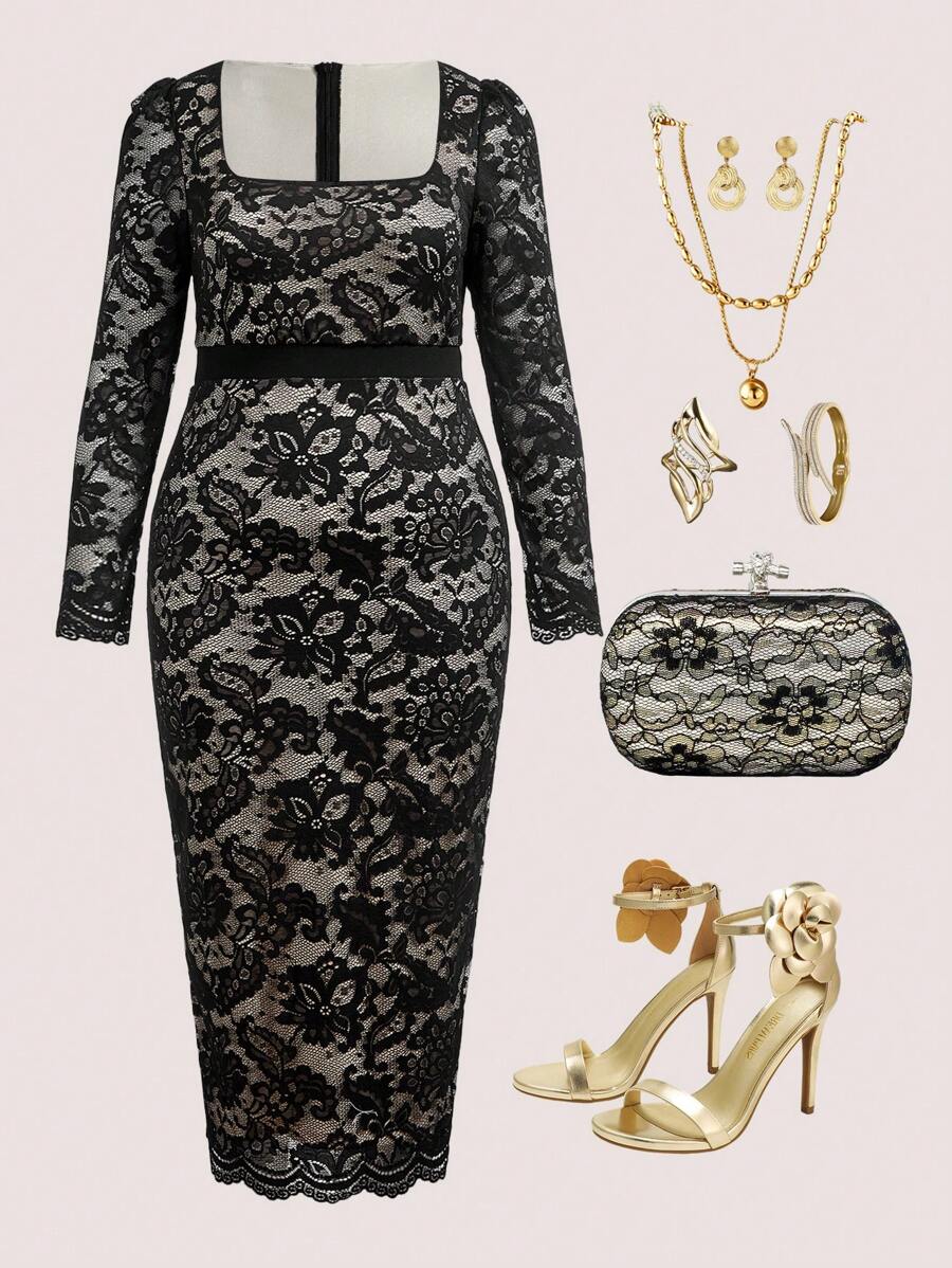 Ellevyn Halloween Autumn/Winter Long Sleeve Full Lace Dress For Elegant Party Wear, Plus Size Black Homecoming Dress Fall Wedding Guest Dress - Black - View 1