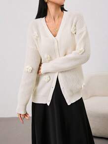 Seusyu كارديجان نسائي بزخرفة ثلاثية الأبعاد من الأزهار، لون أساسي أنيق، للخريف و الشتاء - لون مشمشي - مشاهدة 6