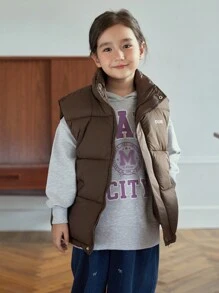 Tween Girls' Loose Casual Minimalist Comfortable Stand Collar Letter Print Sleeveless Warm Cotton Padded Coat