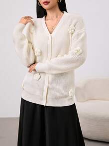 Seusyu كارديجان نسائي بزخرفة ثلاثية الأبعاد من الأزهار، لون أساسي أنيق، للخريف و الشتاء - لون مشمشي - مشاهدة 3