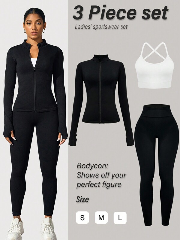 Easify SHEIN Sport Women's Solid Color Zip-Up Jacket & Pants Sports Suit Workout Women Set Women Leggings Set Gym Women Outfit