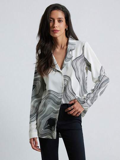 Aveloria Modichic 女士通勤休闲衬衫，带西装领，图形线条印花，宽松长袖纽扣衬衫