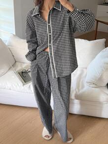 DAZY Plaid Pattern Contrast Trim Loose Shirt Style Casual Pajama Set