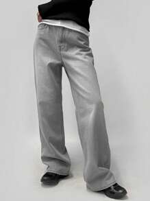 DAZY 女士浅色水洗男友风直筒长牛仔裤，四季皆宜 - 淺灰色 - 查看 7