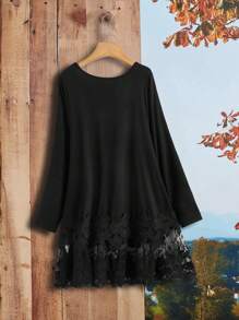 EMERY ROSE Plus Size Women's Grey Round Neck Long Sleeve Contrast Lace Hem Country T-Shirt,Fall Women Clothes - Black - View 2