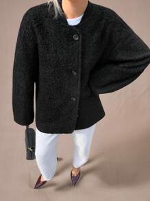 Forever 21 Fall & Winter Women's Black Collared Women Clothing Elegant Women Coat Long Sleeve New Years Summer Women Winter Coat Holiday Thanksgiving Elegant New Year Eve Christmas Warm Comfortable Essential Oversize Coat - Black - View 6