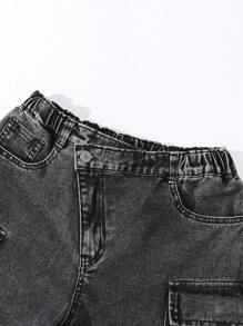 SHEIN Teen Girls Vintage Street Style Loose Relaxed Multi-Pocket Casual Black Baggy Denim Cargo Wide Leg Pants - Black - View 4