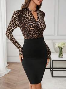SHEIN Clasi Women V-Neck Leopard Print Patchwork Bodycon Dress