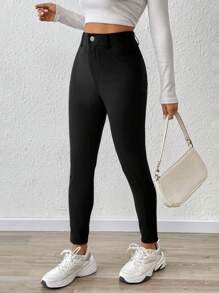 SHEIN Essnce Pantalon slim pour femme, affinant et mettant la silhouette en valeur, Leggings noirs décontractés pour femmes, leggings skinny avec doubles poches latérales, longueur normale - Noir - Voir 5
