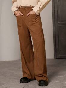 Manfinity VCAY 男士梭织休闲宽松弹力腰直筒裤，时尚日常穿着，圣诞节必备 - 棕色 - 查看 4