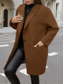 SHEIN Clasi Plus Size Elegant Plus Size Gray Mid-Length Overcoat, Suitable For Workwear - Brown - View 6