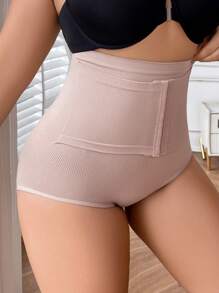 无缝加大码产后高腰收腹瘦身提臀塑身裤，带前开合和挂钩，1 件 - 杏色 - 查看 5