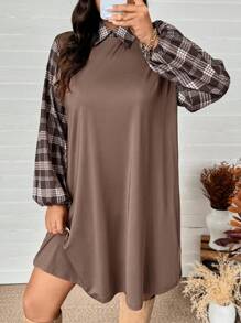 SHEIN LUNE Vestido casual holgado de talla grande para mujer con mangas farol, parches de cuadros y costilla recta, para uso en el otoño, fiesta de vacaciones o evento festivo