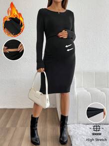 SHEIN Plain Round Neck Long Sleeve Simple Nursing Top, Casual Everyday Wear
