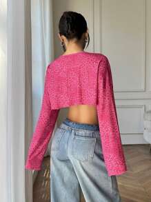SHEIN EZwear Women's Leopard Print Round Neck Drop Shoulder Long Sleeve Cropped Fashion T-Shirt, Autumn - Pink - View 2