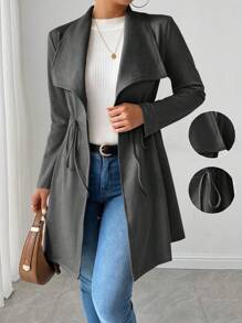 Chiquease Casual Solid Color Drawstring Waist Mid-Length Jacket, Autumn - Dark Grey - View 1