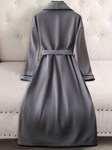 Chiquease Women's Winter Gray Woolen Coat With Collar, Large Pockets And Contrast Tapes