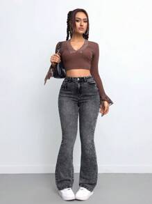 SHEIN Tall 女士牛仔裤休闲紧身弹力黑色喇叭牛仔裤高腰黑色牛仔裤新年除夕圣诞节紧身裤高腰女士裤子，秋季女装 - 黑色 - 查看 7