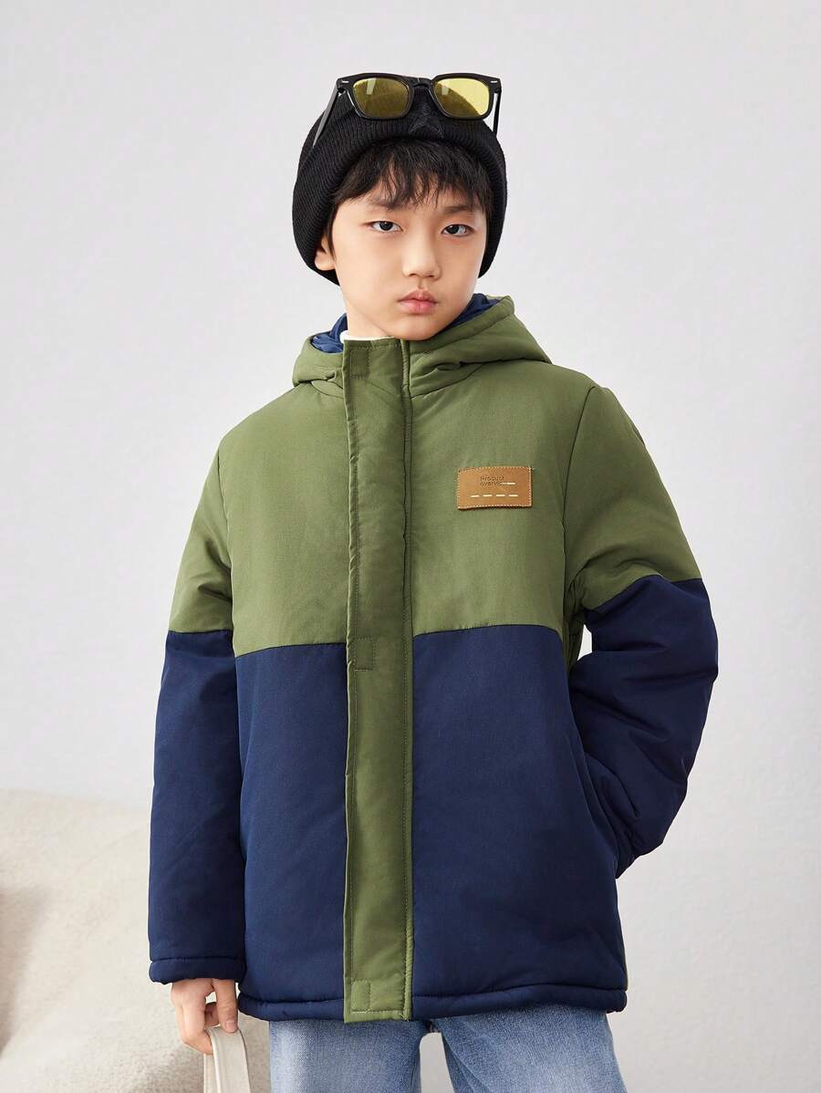 Tween 男童休闲拼色加垫拉链连帽冬季加厚绗缝外套 - 綠色 - 查看 1
