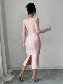 Elenzga Plaid Smocked V-Neck Bowknot Waist Bodycon Elegant Romantic Dress For Women Maxi Women Outfit - Pink - View 2