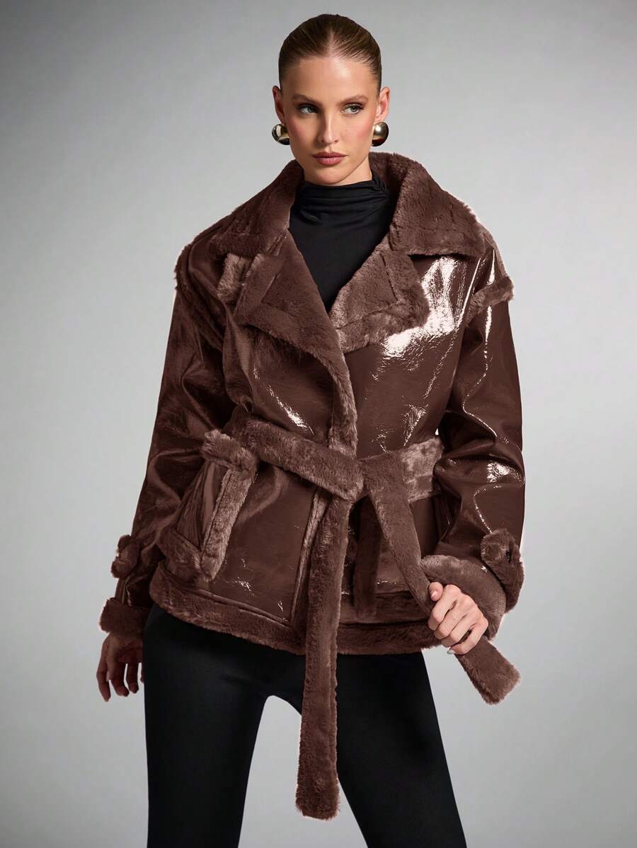 SHEIN BAE 女士冬季蓬松领落肩长袖 PU 皮革休闲夹克冬季酒红色复古外套秋季女装万圣节风俗女猫女服装外套红色皮夹克毛皮集成温暖舒适柔软，适合外出通勤或聚会等各种场合 - 咖啡棕 - 查看 1