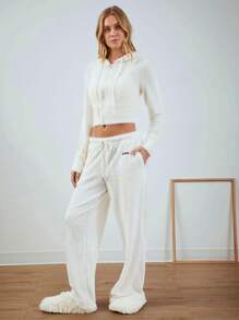 SHEIN EZwear 白色连帽紧身运动衫，简约时尚休闲，适合日常穿着 - 米色 - 查看 3