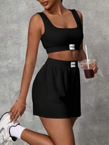 Slayoga Women's Sleeveless Applique Square Collar Top And Elastic Waist Pocket Shorts Sports Set Workout Women Set