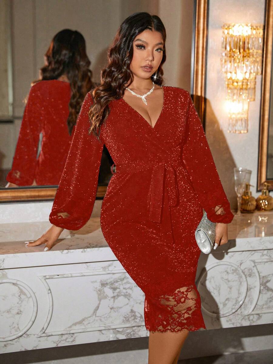 SHEIN Clasi Plus Size Women Glittery Overlapping V-Neck Lantern Sleeve Fitted Elegant Dress For Christmas Fall Cloth For Women - Red - View 1