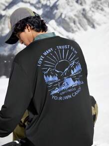 In My Nature 男士字母印花落肩长袖宽松户外T恤 - 黑色 - 查看 7