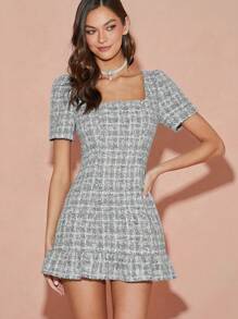 Enchnt Đầm thời trang đơn giản thường ngày cổ vuông tay ngắn cho nữ - Xám - Xem 2