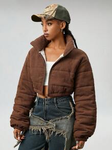 SHEIN EZwear Women's Going Out/Basic Corduroy Thermal Lined Keep Warm Zip Up Brown Baggy Quilted Coat,Party / New Year Eve / Streetwear