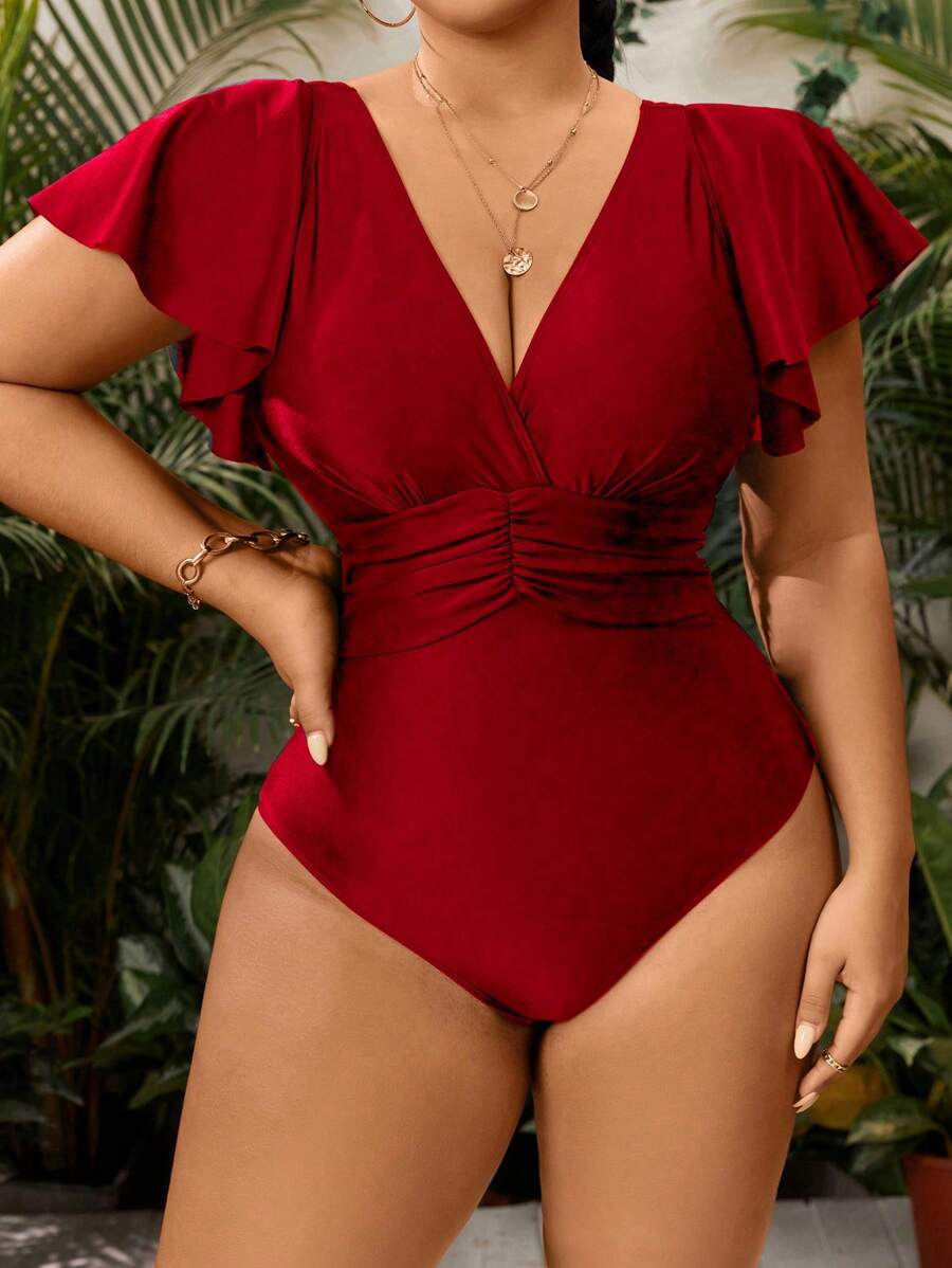 Swim Lushoire 2025 Plus Size Women Solid Color Ruched Sleeve Ruched One-Piece Swimsuit Summer - Burgundy - View 1