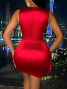 SOLERSUN Vestido de fiesta con drapeado de satén y bajo asimétrico para fiestas de Año Nuevo y eventos festivos - Rojo - Ver 2