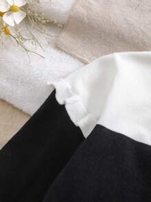 SHEIN Girl's Patchwork Frill Trim Cardigan And Knitted Skirt Set, Cute And Elegant Black-White Combination, Fashionable & Versatile, Suitable For Party And Holiday Wear