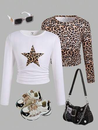 女孩 2 件套：豹纹长袖上衣（松紧腰）和白色图案 T 恤