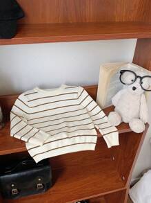 SHEIN Cute Casual Versatile Black & White Striped Long Sleeve Crew Neck Sweater For Baby Boys, Kid Knitwear, Suitable For Kindergarten, Autumn/Winter - Multicolor - View 6