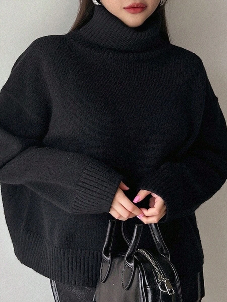 Dazy Petite Plus Áo len nữ cổ lọ tay dài màu đen trơn cỡ lớn, trang phục thường ngày, mặc mùa đông, mùa thu - màu đen - Xem 1