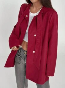 SHEIN Unity Women's Solid Color Crew Neck Tie-Up Long Sleeve Single Button Loose Overcoat, Autumn/Winter For New Year Clothes Fall Cloth For Women - Red - View 6