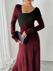 SHEIN Unity Women's Asymmetric Collared Long Sleeve Elegant Sweater Dress, Autumn/Winter Fall Cloth For Women - Burgundy - View 5