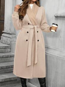 SHEIN LUNE Manteau long croisé à double boutonnage à col châle, manches longues, pour grandes tailles, automne/hiver