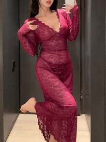 DAZY Lace Semi-Sheer Deep V-Neck Fitted Sexy Nightgown - Burgundy - View 3