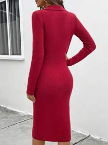 SHEIN Clasi فستان-كنزة صوفية نسائي ضيق الصدر عميق الياقة بأكمام طويلة ولون أحادي - عنابي اللون - مشاهدة 2